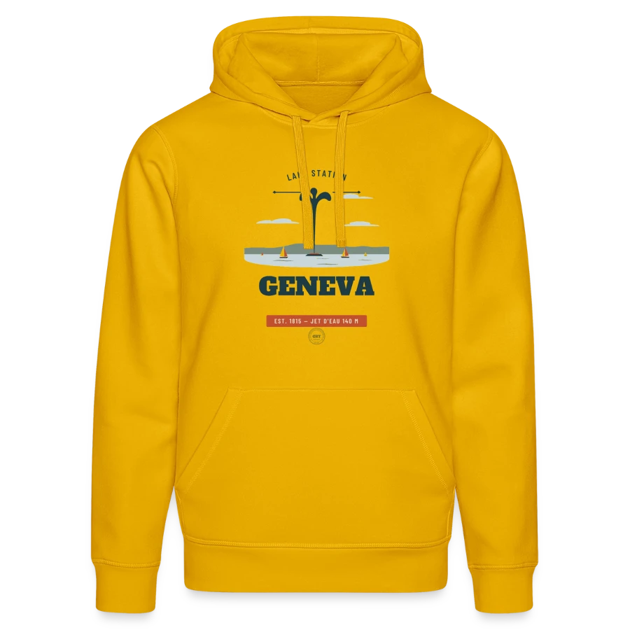 Geneva badge on a stanley/stella drummer unisex organic hoodie, spectra yellow