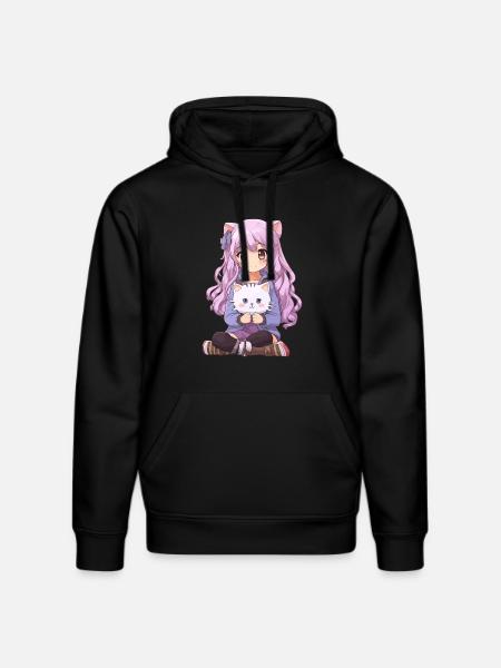 Kawaii Girl Anime Manga Fille et chat - Sweat à capuche bio DRUMMER Stanley/Stella Unisexe - noir