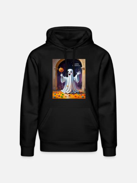 Cheerful Ghost with Pumpkin - Stanley/Stella DRUMMER Unisex Organic Hoodie - black