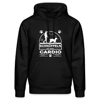 Mantrailing - Schnüffeln ist mein Cardio - Stanley/Stella Unisex Bio-Hoodie DRUMMER  - Schwarz - Vorne - Marisol (170cm) & Nik (191cm)