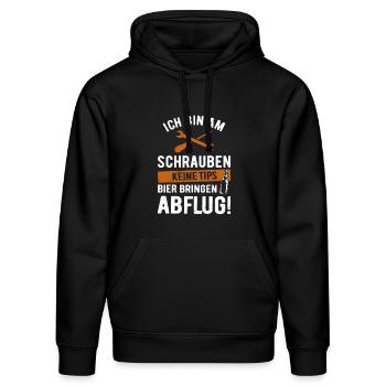 Ich bin am Schrauben, keine Tips, Bier bringen - Stanley/Stella Unisex Bio-Hoodie DRUMMER  - Schwarz - Vorne - Marisol (170cm) & Nik (191cm)
