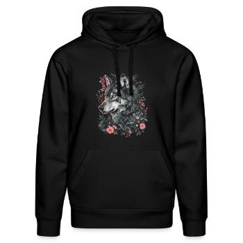 Loup Tête de loup Fleurs Plantes Nature Nature sauvage Art - Sweat à capuche bio DRUMMER Stanley/Stella Unisexe - noir - Devant - Marisol (170cm) & Nik (191cm)
