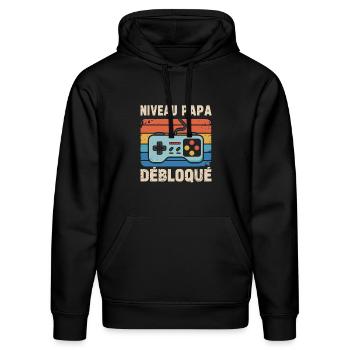 Niveau Papa Débloqué – Cadeau Futur Papa Gamer - Sweat à capuche bio DRUMMER Stanley/Stella Unisexe - noir - Devant - Marisol (170cm) & Nik (191cm)