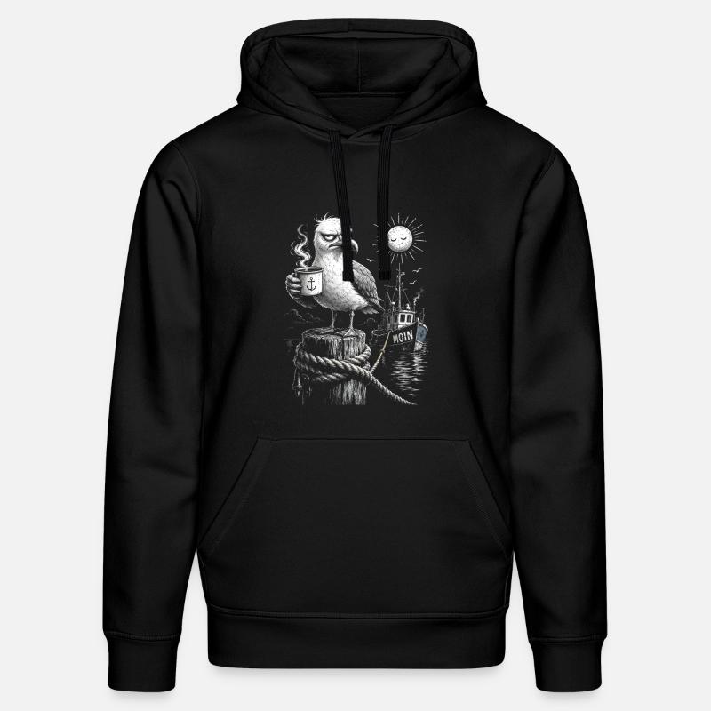 MOIN – Grumpy Seagull with Coffee - Stanley/Stella DRUMMER Unisex Organic Hoodie - black