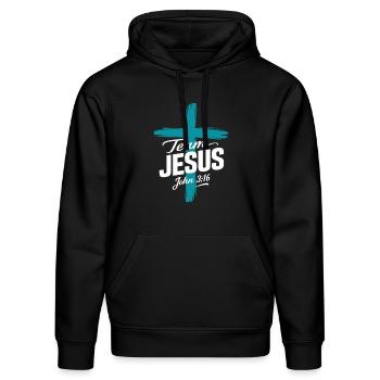 Team Jesus John 3:16 Christliche Kirche - Stanley/Stella Unisex Bio-Hoodie DRUMMER  - Schwarz - Vorne - Marisol (170cm) & Nik (191cm)