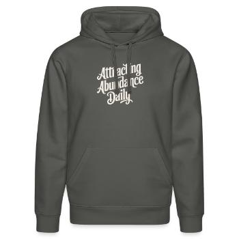 Tägliche Fülle Anziehen Manifestieren Zitat - Stanley/Stella Unisex Bio-Hoodie DRUMMER  - Anthrazit - Vorne - Marisol (170cm) & Nik (191cm)