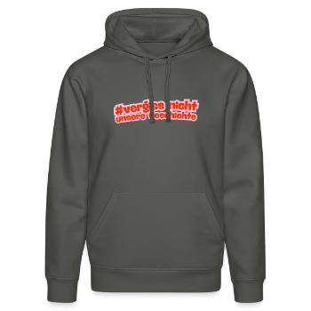 Vergiss nicht unsere Geschichte - gegen rechts - Stanley/Stella Unisex Bio-Hoodie DRUMMER  - Anthrazit - Vorne - Marisol (170cm) & Nik (191cm)