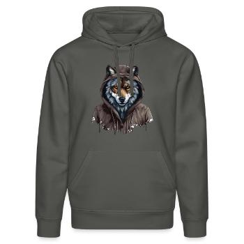 Grauer Wolf im Streetstyle | Wolfsliebhaber - Stanley/Stella Unisex Bio-Hoodie DRUMMER  - Anthrazit - Vorne - Marisol (170cm) & Nik (191cm)
