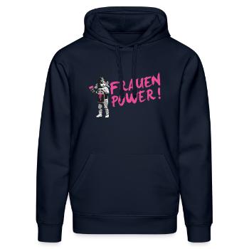 FRAUENPOWER Statement Shirt zum Weltfrauentag - Stanley/Stella Unisex Bio-Hoodie DRUMMER  - French Navy - Vorne - Marisol (170cm) & Nik (191cm)
