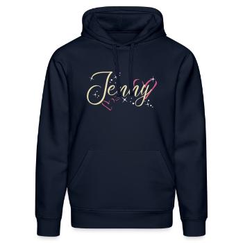 Jenny Name Vorname Kalligrafieherz - Stanley/Stella Unisex Bio-Hoodie DRUMMER  - French Navy - Vorne - Marisol (170cm) & Nik (191cm)