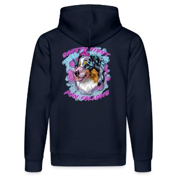 Safety First Fun Follows - Australian Shepherd - Stanley/Stella Unisex Bio-Hoodie DRUMMER  - French Navy - Hinten - Marisol (170cm)