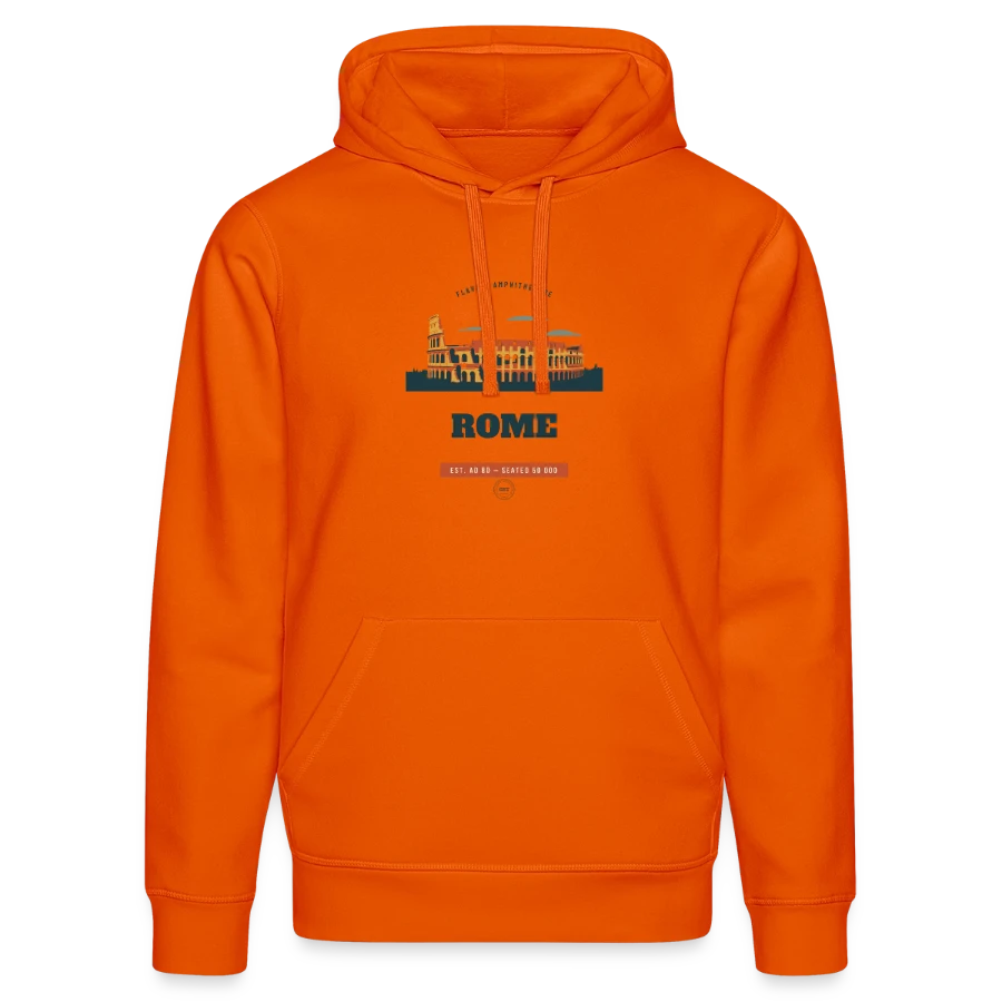 Rome badge on a stanley/stella drummer unisex organic hoodie, bright orange, front