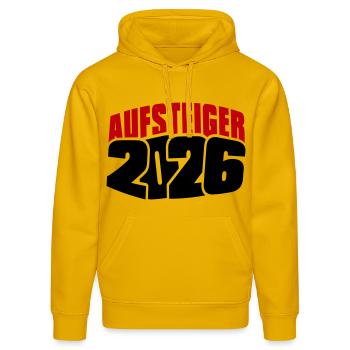 Aufsteiger 2026 Aufstieg - Stanley/Stella Unisex Bio-Hoodie DRUMMER  - Spektralgelb - Vorne - Liana (172cm) & Jaron (178cm)