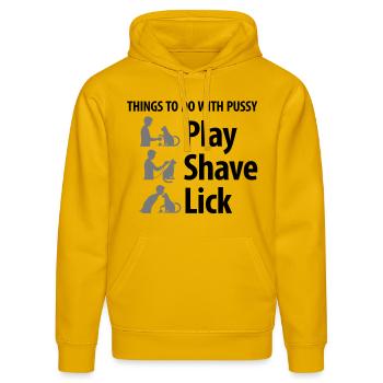 Dinge, die man mit einer Muschi machen kann. - Stanley/Stella Unisex Bio-Hoodie DRUMMER  - Spektralgelb - Vorne - Liana (172cm) & Jaron (178cm)