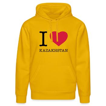 J’AIME LE KAZAKHSTAN Kasachstan - Sweat à capuche bio DRUMMER Stanley/Stella Unisexe - jaune spectre - Devant - Liana (172cm) & Jaron (178cm)