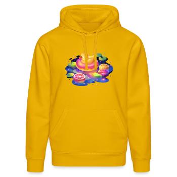 Voyage au canard donut fruité - Sweat à capuche bio DRUMMER Stanley/Stella Unisexe - jaune spectre - Devant - Liana (172cm) & Jaron (178cm)