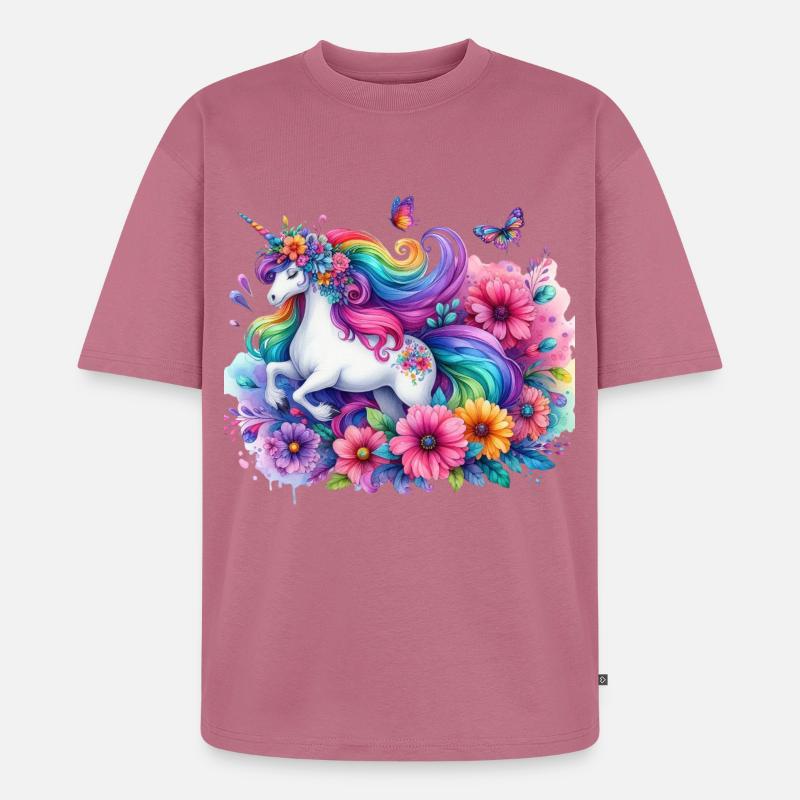 Regenbogen Blumen Einhorn - Unisex Premium Oversized Bio T-Shirt - Mauve