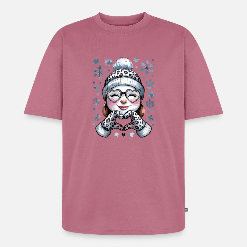  Winter Schneemann Mädchen mit Leopardenmuster - Unisex Premium Oversized Bio T-Shirt - Mauve