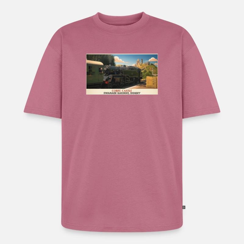 Corfe Castle Dampflok-Plakat - Unisex Premium Oversized Bio T-Shirt - Mauve