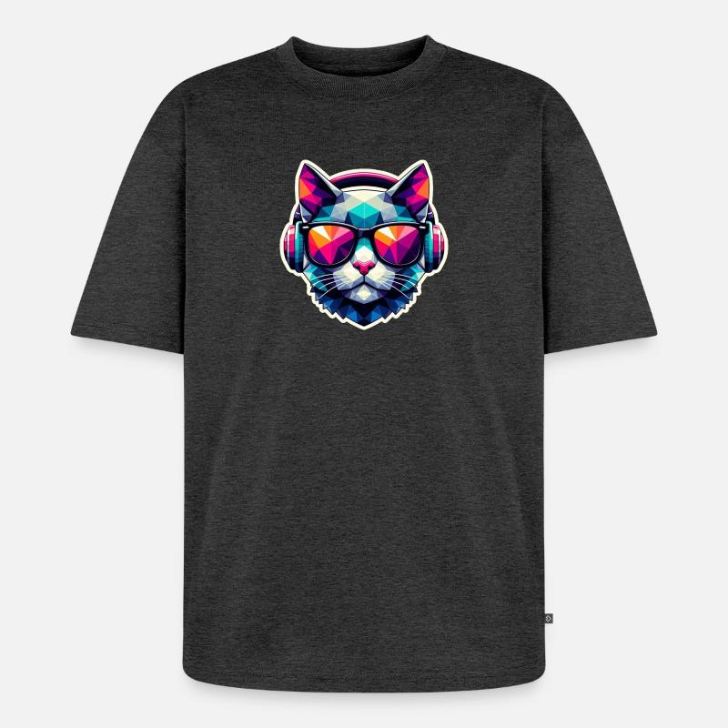 Katze Brille Kopfhörer bunt polygon - Unisex Premium Oversized Bio T-Shirt - Anthrazit meliert