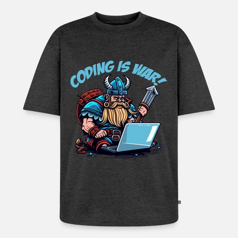 "Coding is war" Wikinger - Unisex Premium Oversized Bio T-Shirt - Anthrazit meliert
