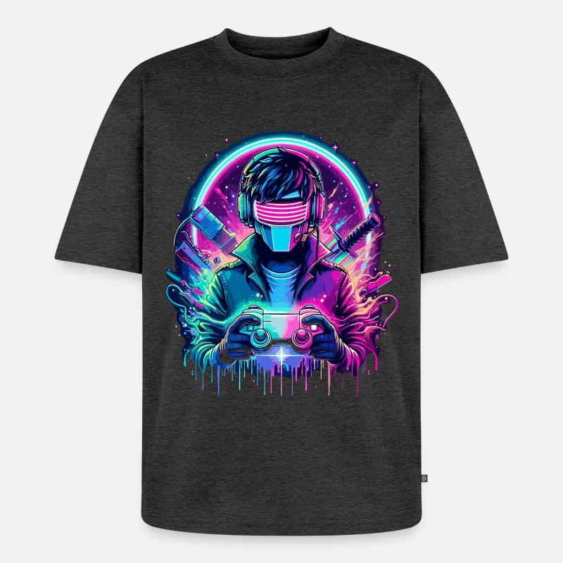 Neon Cyber Controller - Retro Gaming Power - Unisex Premium Oversized Bio T-Shirt - Anthrazit meliert