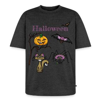 Halloween Kürbis und Fledermaus Design - Unisex Premium Oversized Bio T-Shirt - Anthrazit meliert - Vorne - Thijin (182cm) & Selfina (174cm)
