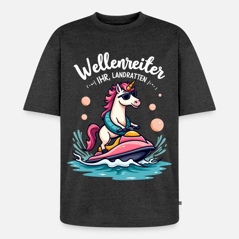 Pinker Einhorn Wellenreiter - Unisex Premium Oversized Bio T-Shirt - Anthrazit meliert