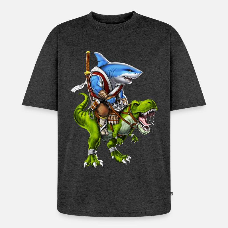 Shark Samurai Riding T-Rex Dinosaur - Unisex Premium Oversized Organic T-Shirt - heather anthracite