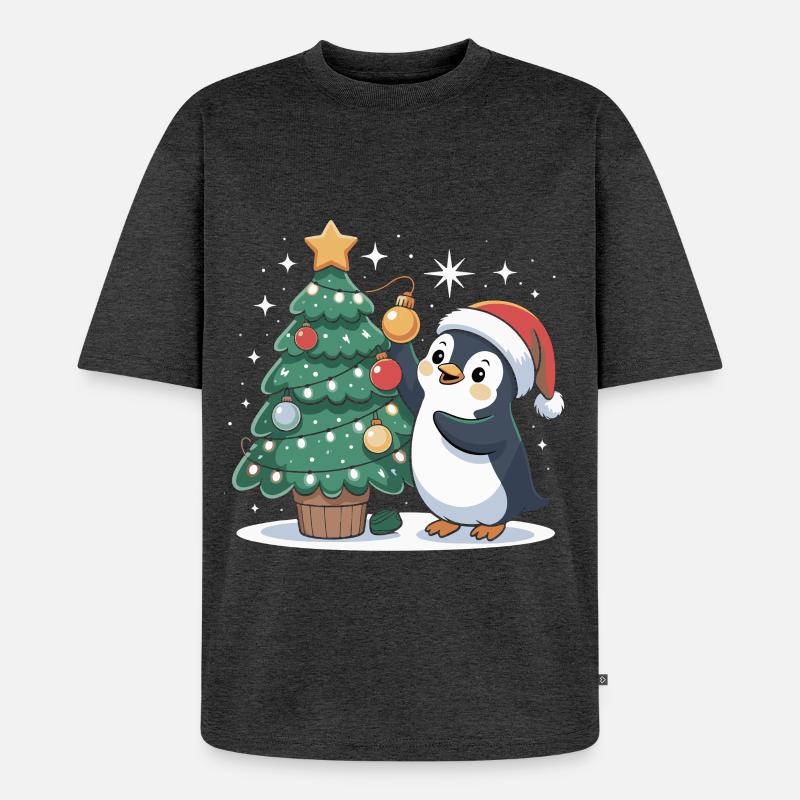 Pinguin schmückt Weihnachtsbaum - Unisex Premium Oversized Bio T-Shirt - Anthrazit meliert