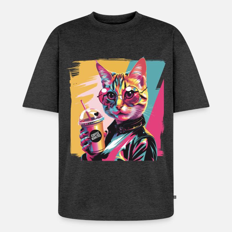 Popart Katze mit Lederjacke und Kaffee - Unisex Premium Oversized Bio T-Shirt - Anthrazit meliert