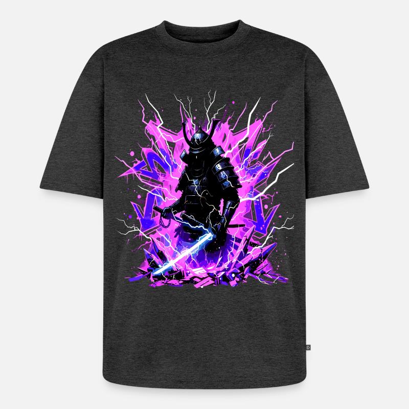 Cyber Samurai – Synthwave Katana Geist - Unisex Premium Oversized Bio T-Shirt - Anthrazit meliert
