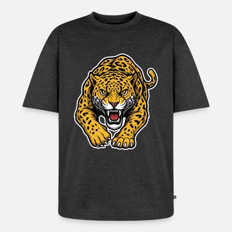 Leopard-Jaguar Wild Attack Maskottchen-Raubtier - Unisex Premium Oversized Bio T-Shirt - Anthrazit meliert