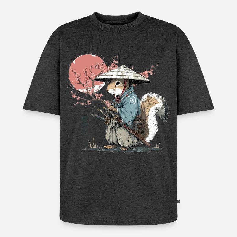 Eichhörnchen-Samurai in Sakura-Roben - Unisex Premium Oversized Bio T-Shirt - Anthrazit meliert