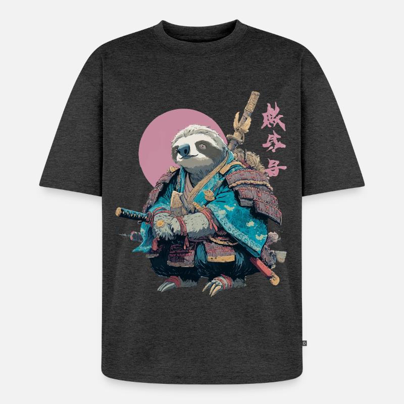 Faultier-Samurai in blauer Rüstung - Unisex Premium Oversized Bio T-Shirt - Anthrazit meliert