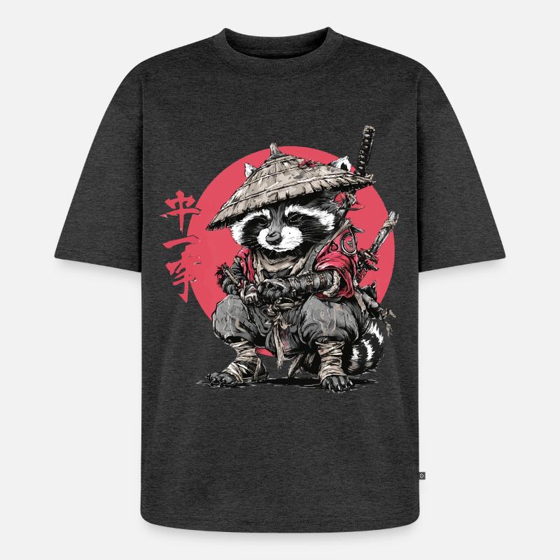 Waschbär-Samurai im Roten Kreis - Unisex Premium Oversized Bio T-Shirt - Anthrazit meliert