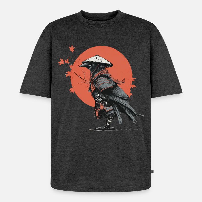 Samurai-Krähe in Red Moon - Unisex Premium Oversized Bio T-Shirt - Anthrazit meliert