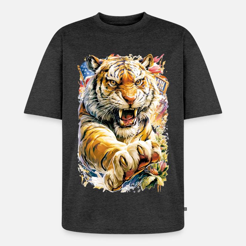 Tiger mit Blüten - Unisex Premium Oversized Bio T-Shirt - Anthrazit meliert