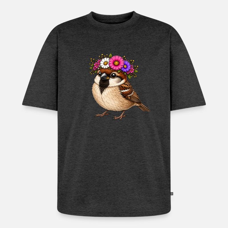 Vogel mit Blumenschmuck  - Unisex Premium Oversized Bio T-Shirt - Anthrazit meliert