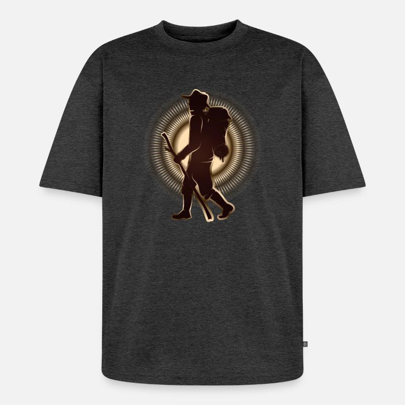 Pilger oder Wanderer mit Wanderstab & Rucksack - Unisex Premium Oversized Bio T-Shirt - Anthrazit meliert