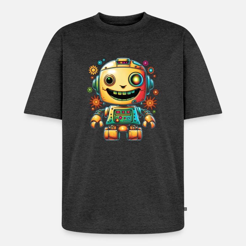 Neon Roboter Pop Getriebe - Unisex Premium Oversized Bio T-Shirt - Anthrazit meliert