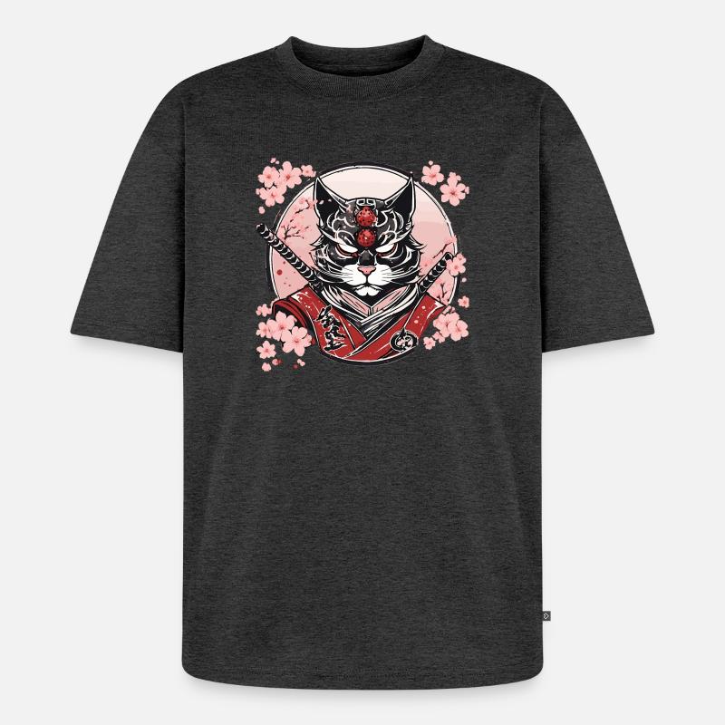 Dämonischer Kawaii Neko Samurai : Katzen-Samurai - Unisex Premium Oversized Bio T-Shirt - Anthrazit meliert