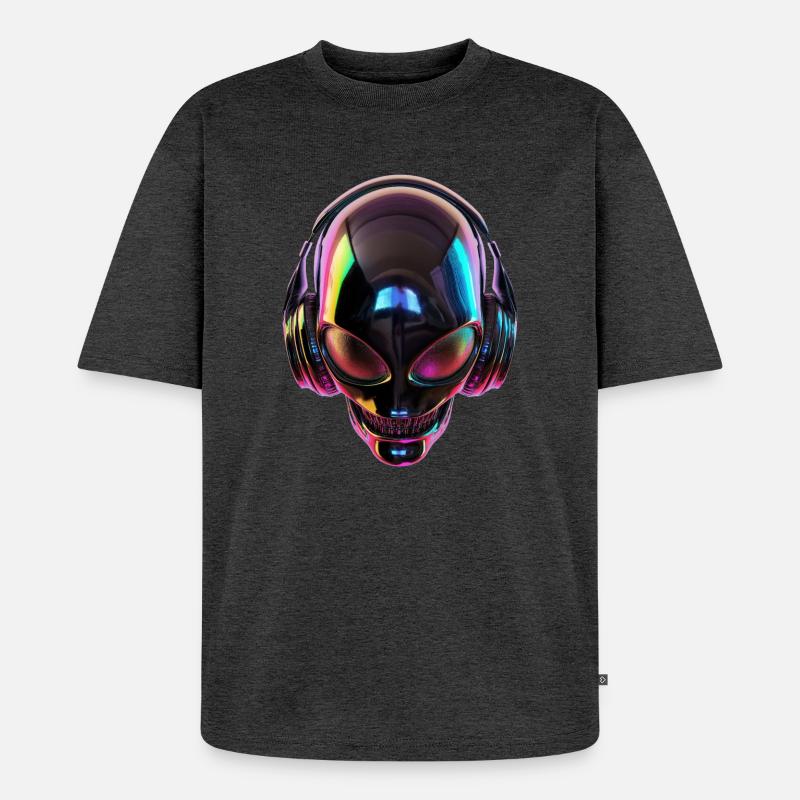Schwarzer Alien-Kopf mit Kopfhörern - Unisex Premium Oversized Bio T-Shirt - Anthrazit meliert