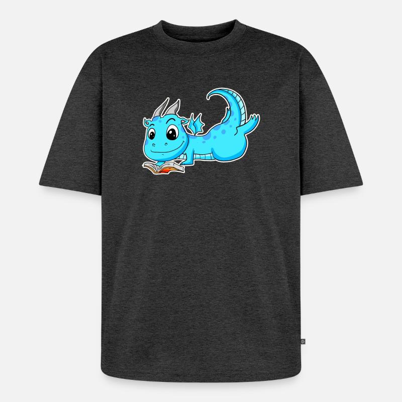 Drache Buch Lesen - Unisex Premium Oversized Bio T-Shirt - Anthrazit meliert