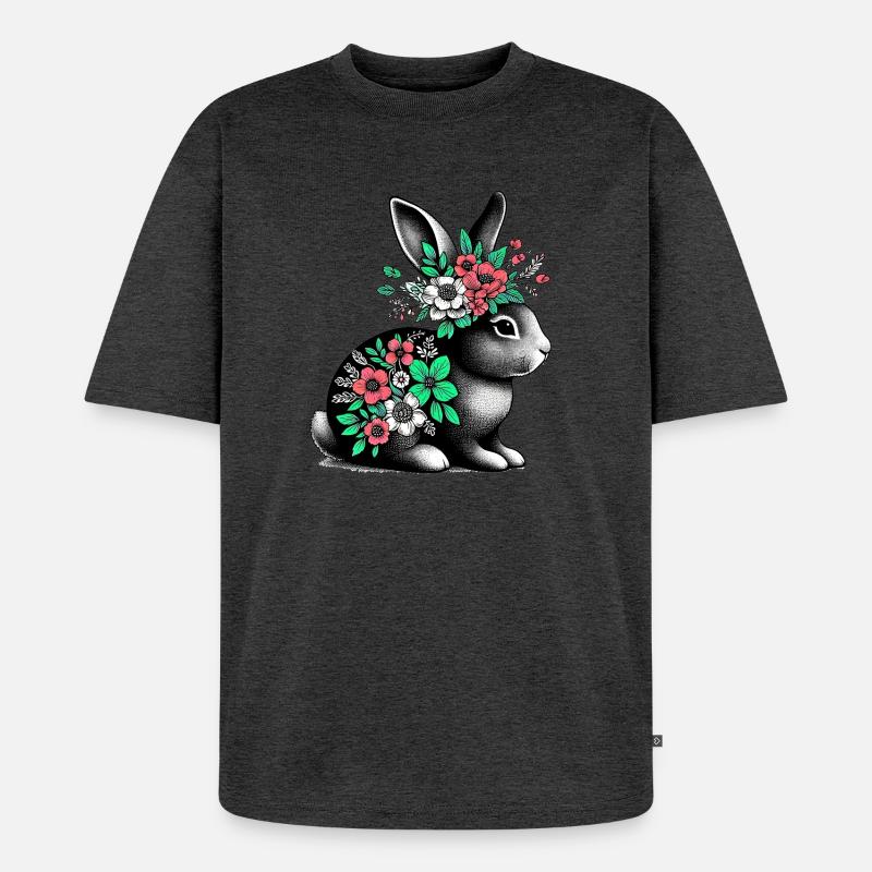 Hase mit Blumen - Unisex Premium Oversized Bio T-Shirt - Anthrazit meliert