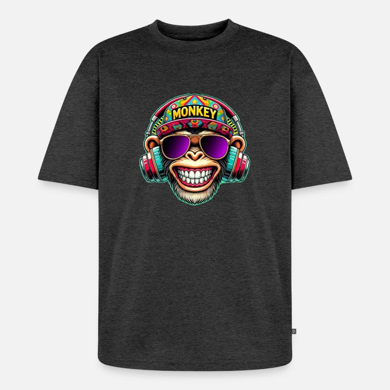 Cooler DJ Monkey Kopfhörer Bunter Retro-Stil - Unisex Premium Oversized Bio T-Shirt - Anthrazit meliert