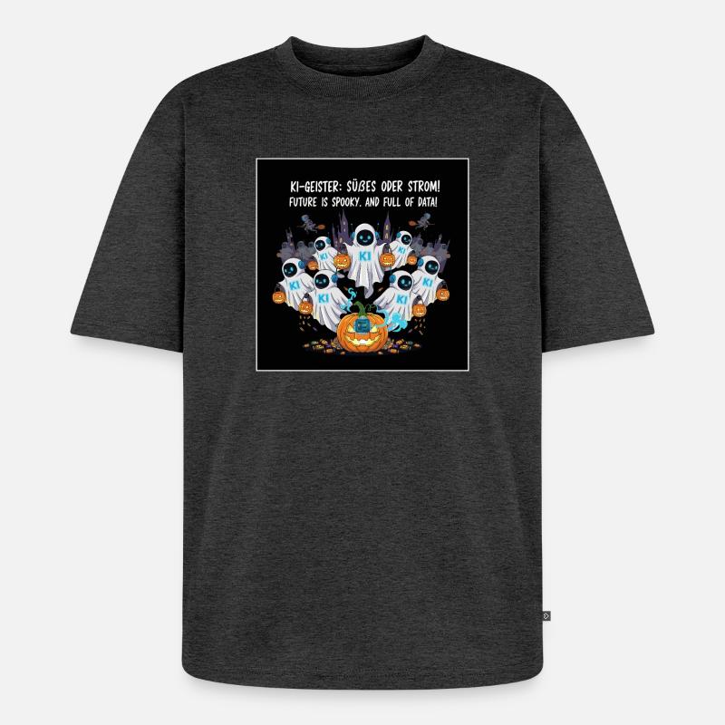 KI-Geister: Süßes oder Strom ! - Unisex Premium Oversized Bio T-Shirt - Anthrazit meliert