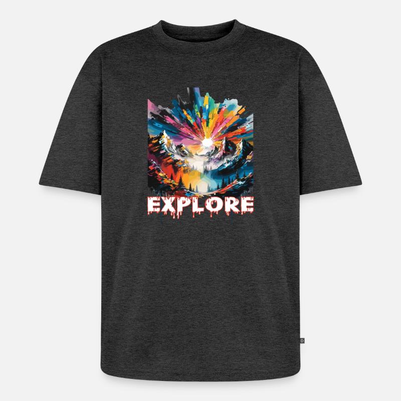 Farbintensive Landschaft mit 'Explore' Aufdruck - Unisex Premium Oversized Bio T-Shirt - Anthrazit meliert