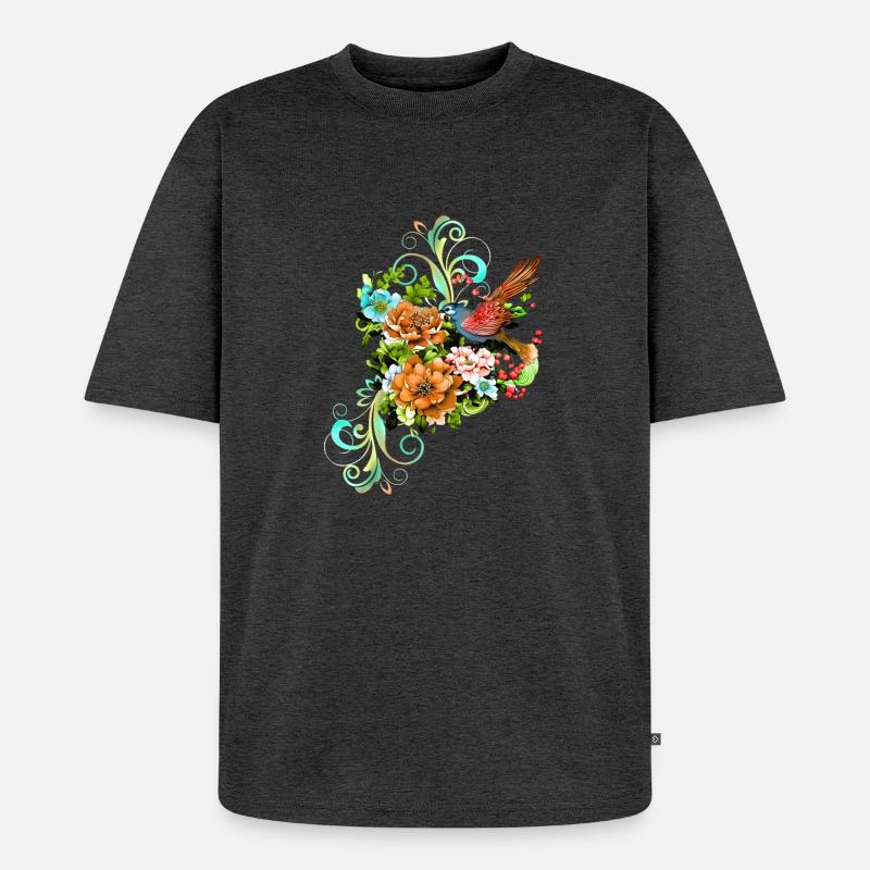 Wunderschöne elegante Blumen mit Vogel. - Unisex Premium Oversized Bio T-Shirt - Anthrazit meliert