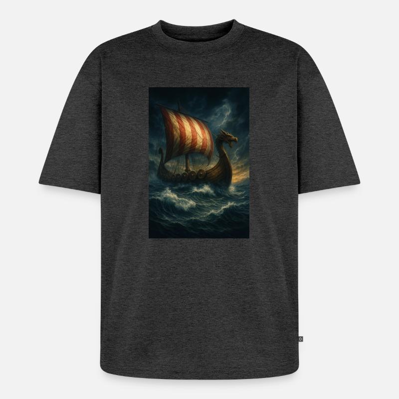 Wikinger-Schiff im Sturm - Unisex Premium Oversized Bio T-Shirt - Anthrazit meliert